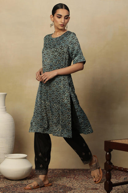 Dark Brown And Teal Ajrakh Print Kurta In Modal Satin - wforwoman