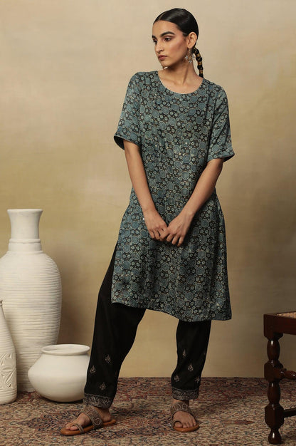 Dark Brown And Teal Ajrakh Print Kurta In Modal Satin - wforwoman