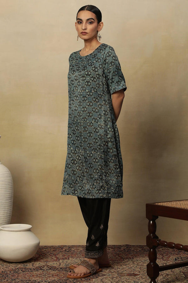 Dark Brown And Teal Ajrakh Print Kurta In Modal Satin