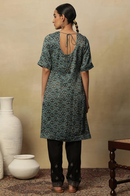 Dark Brown And Teal Ajrakh Print Kurta In Modal Satin - wforwoman