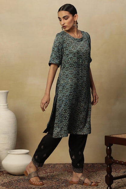 Dark Brown And Teal Ajrakh Print Kurta In Modal Satin - wforwoman
