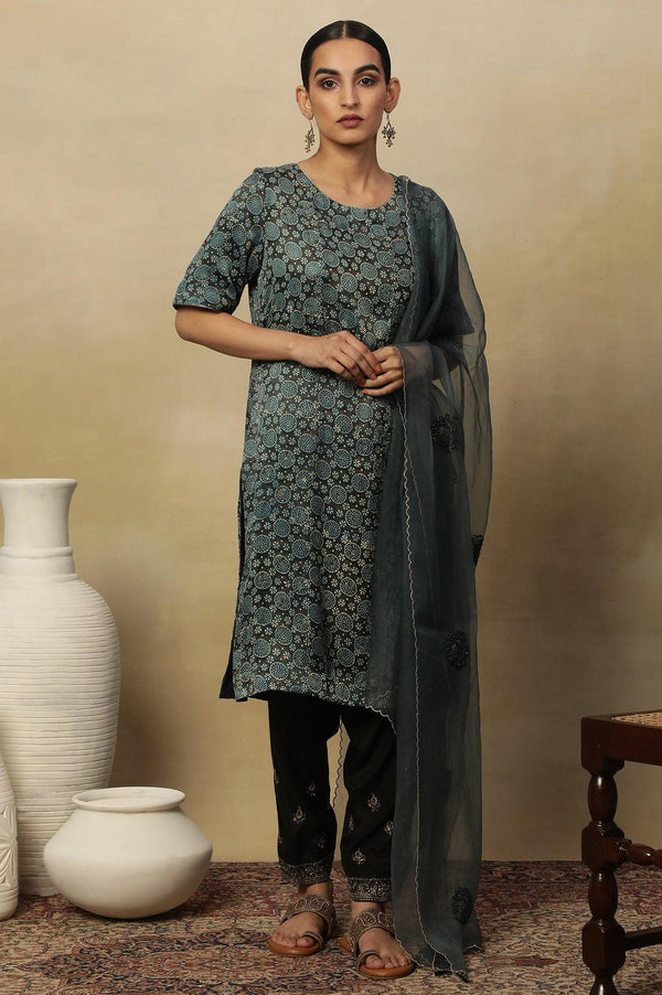 Dark Brown And Teal Ajrakh Print Kurta In Modal Satin