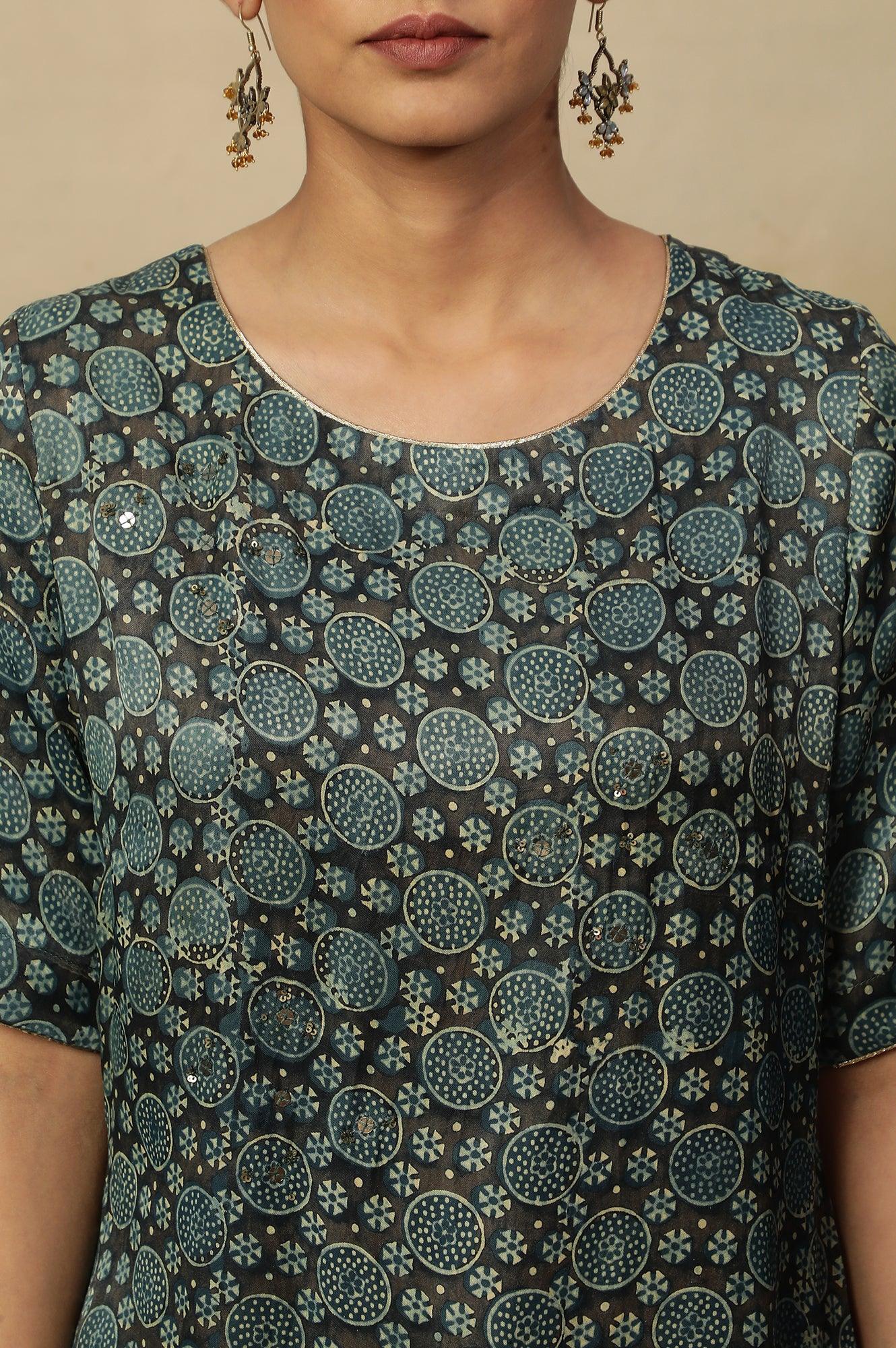 Dark Brown And Teal Ajrakh Print Kurta In Modal Satin - wforwoman