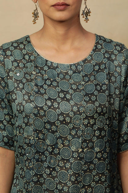 Dark Brown And Teal Ajrakh Print Kurta In Modal Satin - wforwoman