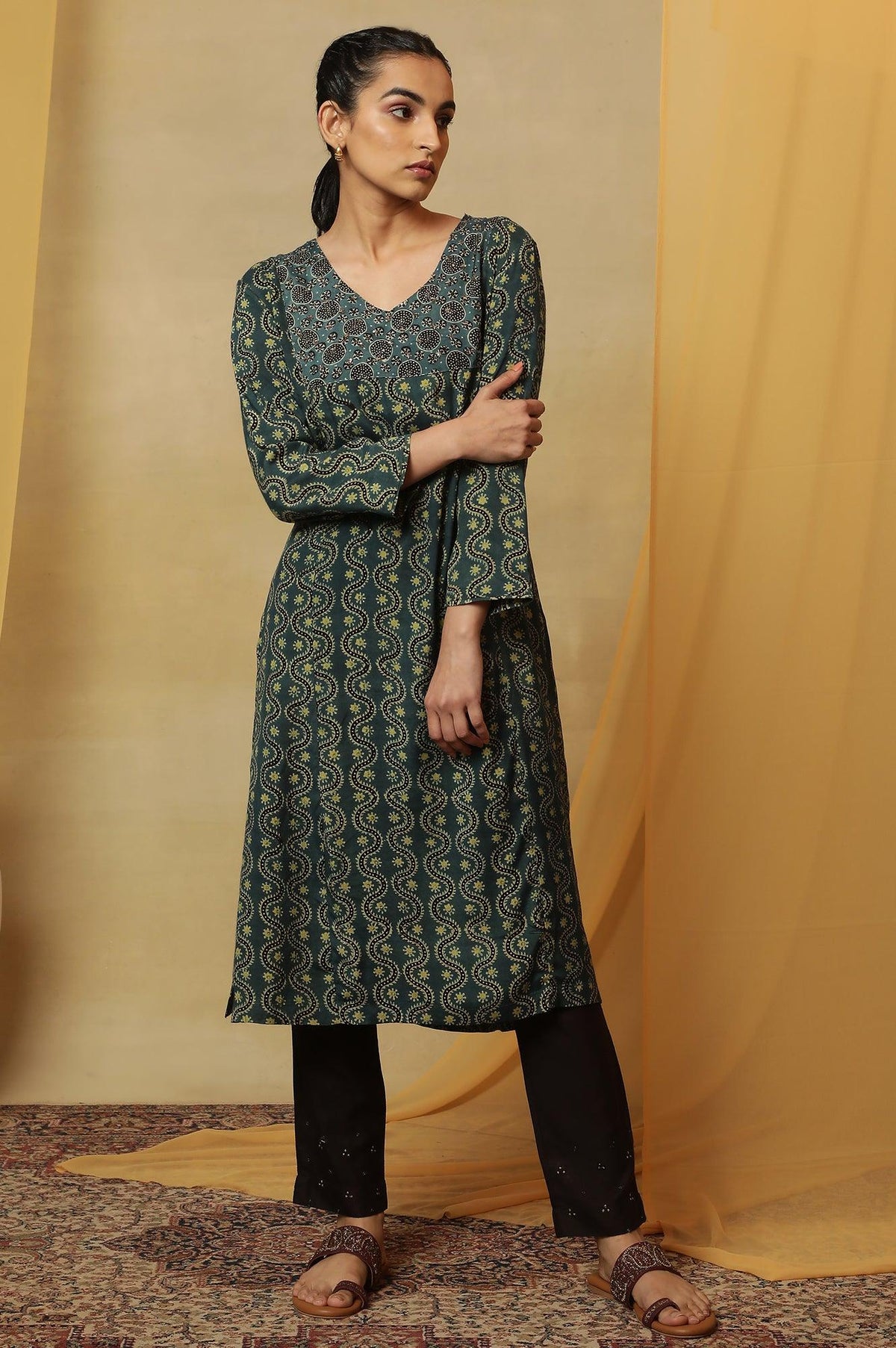 Teal Blue Ajrakh Print Kurta - XS