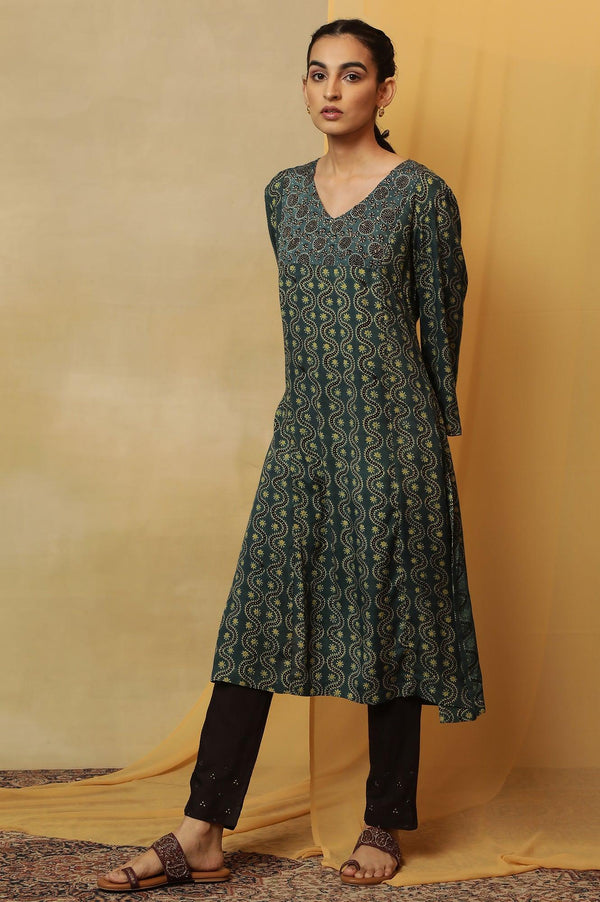 Teal Blue Ajrakh Print Kurta