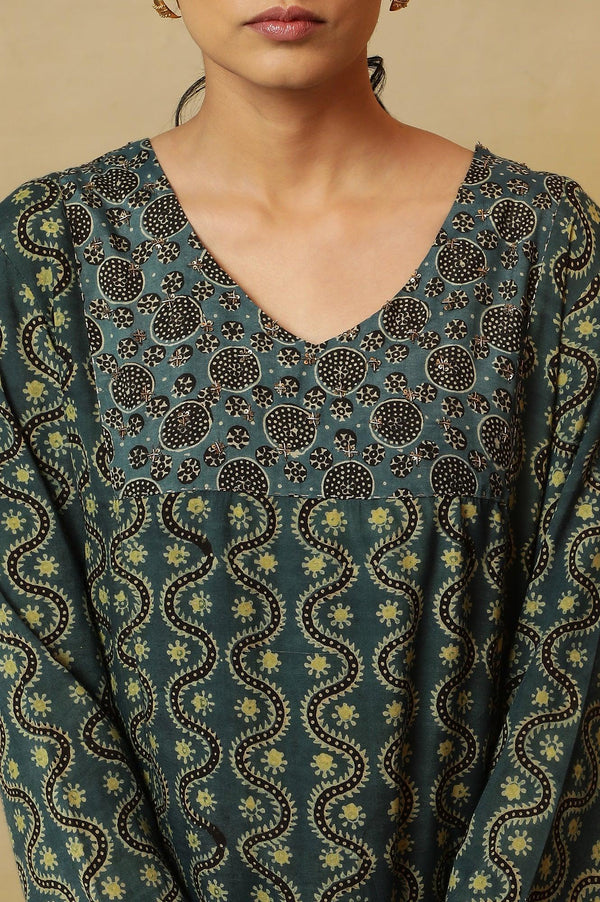Teal Blue Ajrakh Print Kurta