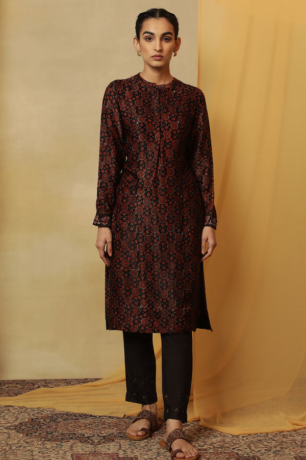 Dark Brown Bi-Coloured Ajrakh Print Kurta In Satin