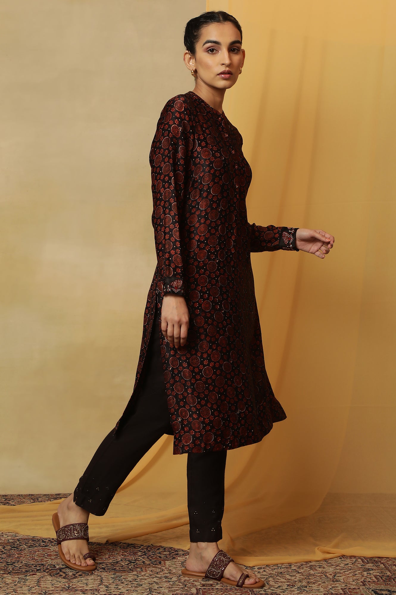 Dark Brown Bi-Coloured Ajrakh Print Kurta In Satin