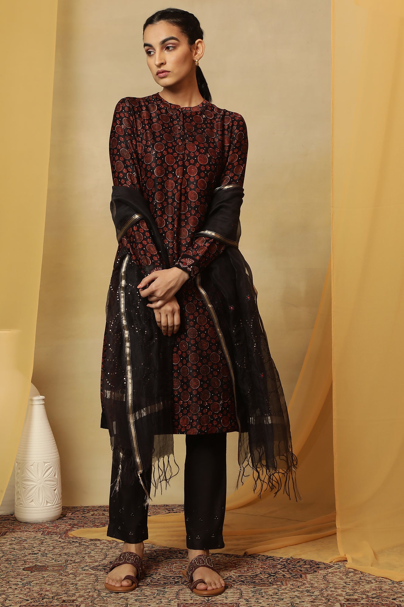 Dark Brown Bi-Coloured Ajrakh Print Kurta In Satin