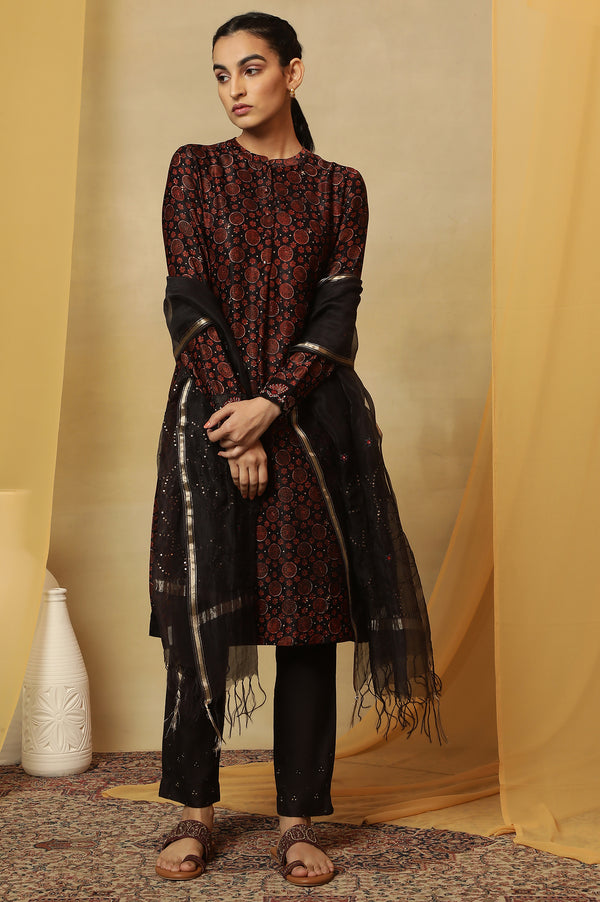 Dark Brown Bi-Coloured Ajrakh Print Kurta In Satin