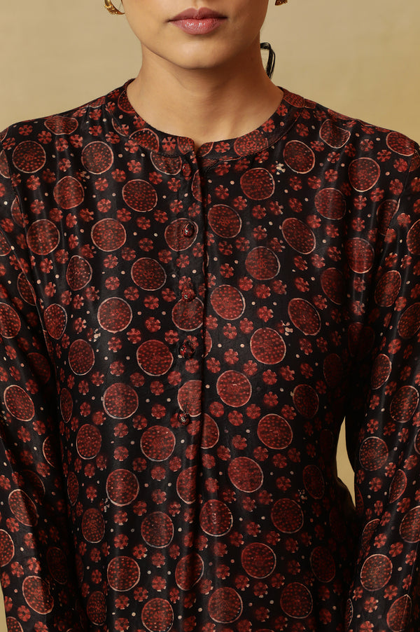 Dark Brown Bi-Coloured Ajrakh Print Kurta In Satin