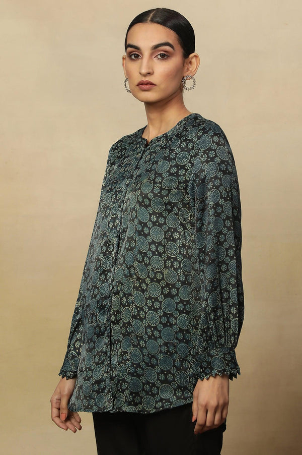 Black Ajrakh Print Lustrous Satin Top