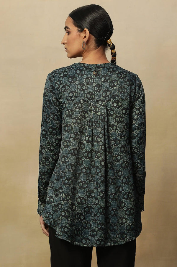 Black Ajrakh Print Lustrous Satin Top
