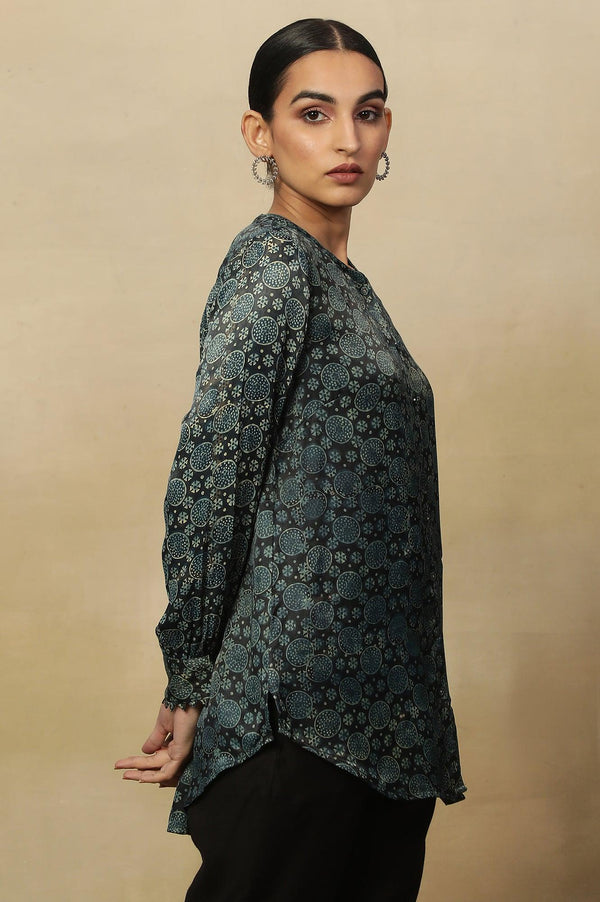 Black Ajrakh Print Lustrous Satin Top