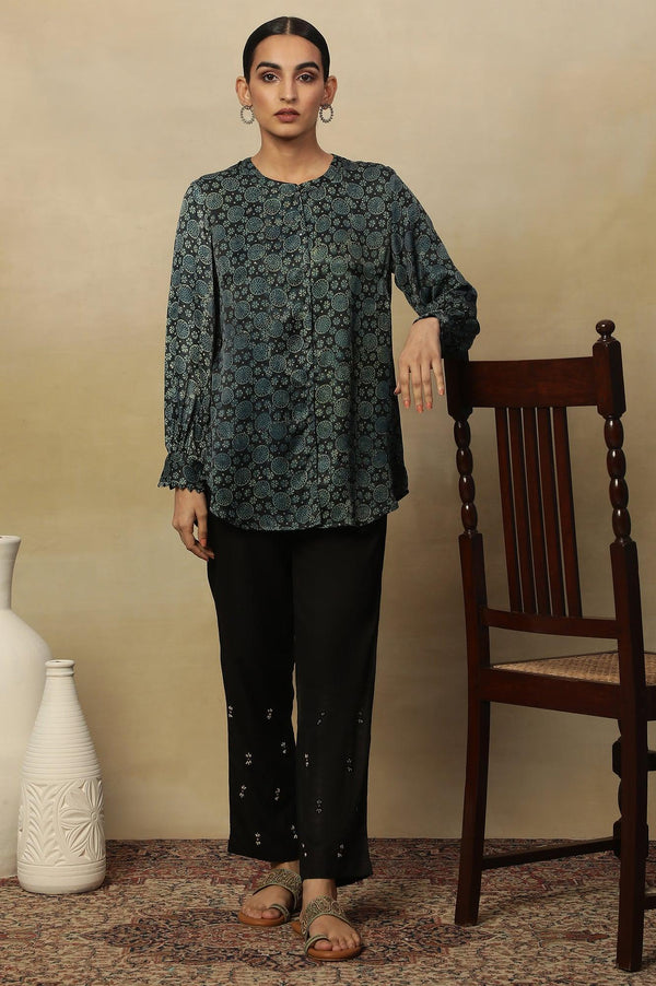 Black Ajrakh Print Lustrous Satin Top