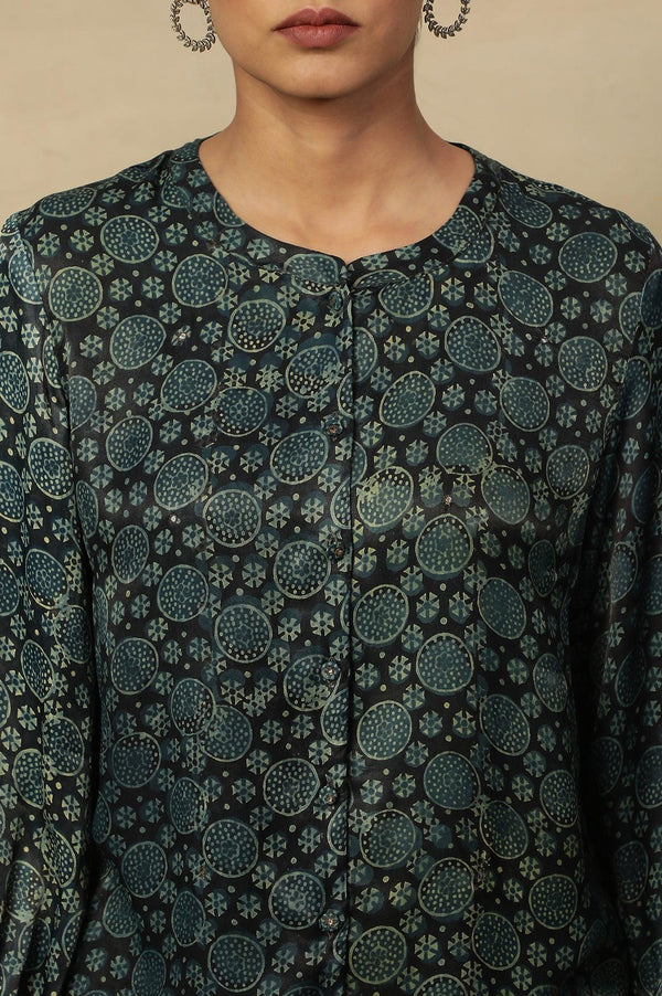 Black Ajrakh Print Lustrous Satin Top