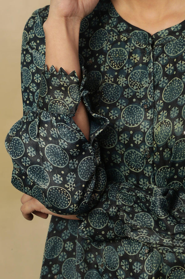 Black Ajrakh Print Lustrous Satin Top