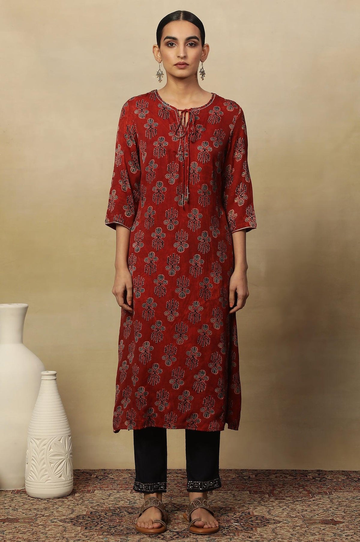 Deep Red Ajrakh Straight Kurta With Neck Tie-Up - XS