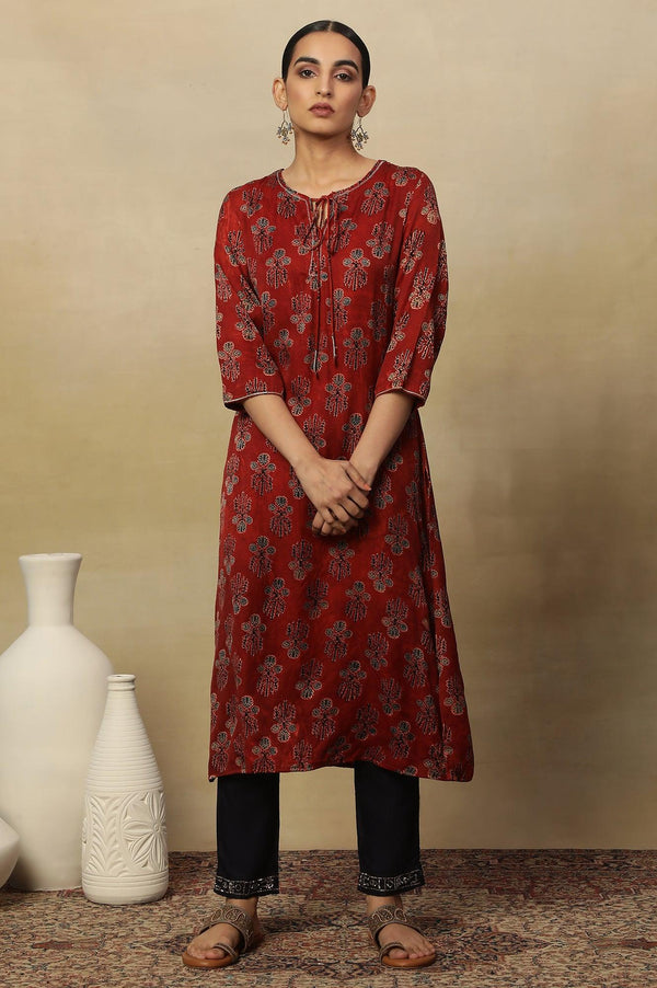 Deep Red Ajrakh Straight Kurta With Neck Tie-Up