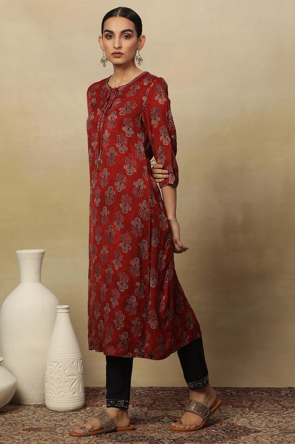 Deep Red Ajrakh Straight Kurta With Neck Tie-Up