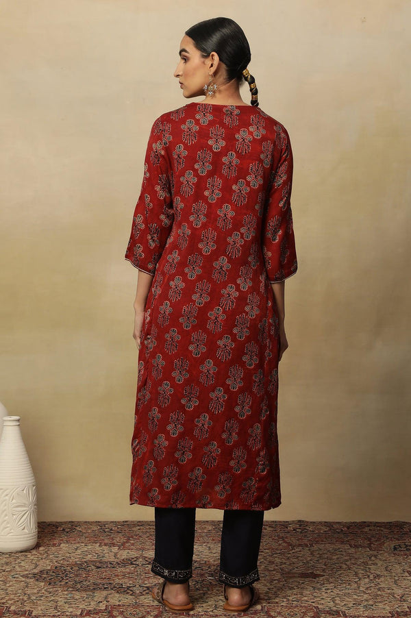 Deep Red Ajrakh Straight Kurta With Neck Tie-Up