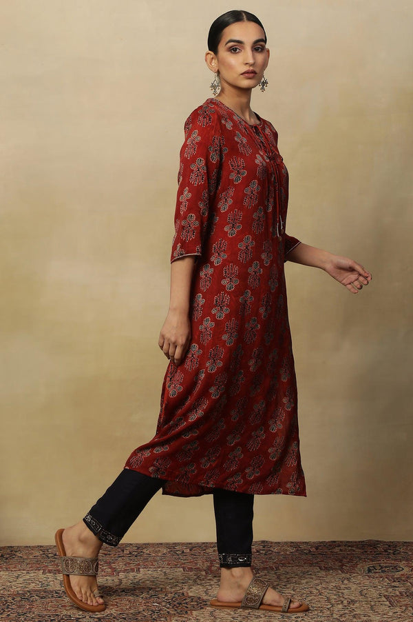 Deep Red Ajrakh Straight Kurta With Neck Tie-Up