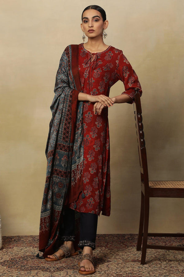 Deep Red Ajrakh Straight Kurta With Neck Tie-Up