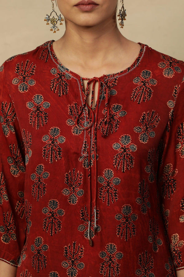 Deep Red Ajrakh Straight Kurta With Neck Tie-Up