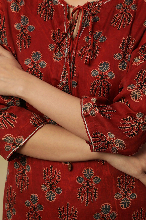 Deep Red Ajrakh Straight Kurta With Neck Tie-Up