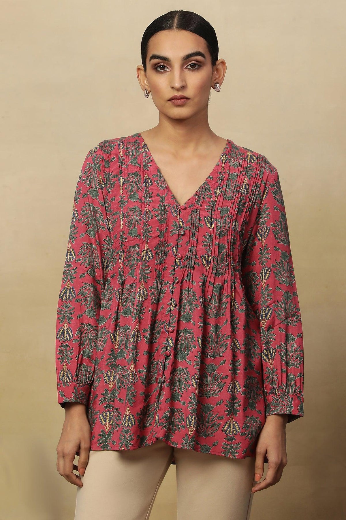 Pink Block Print Pleated V-Neck Top - M