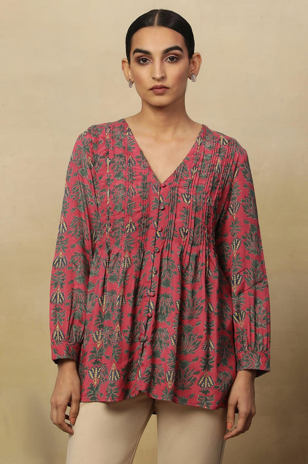 Pink Block Print Pleated V-Neck Top