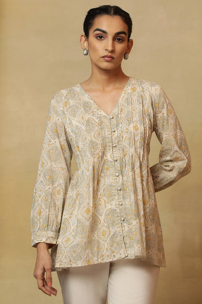 Ecru Block Print Pleated V-Neck Top - wforwoman