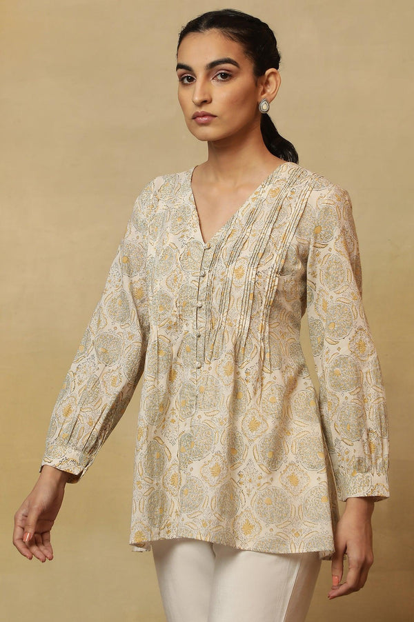 Ecru Block Print Pleated V-Neck Top