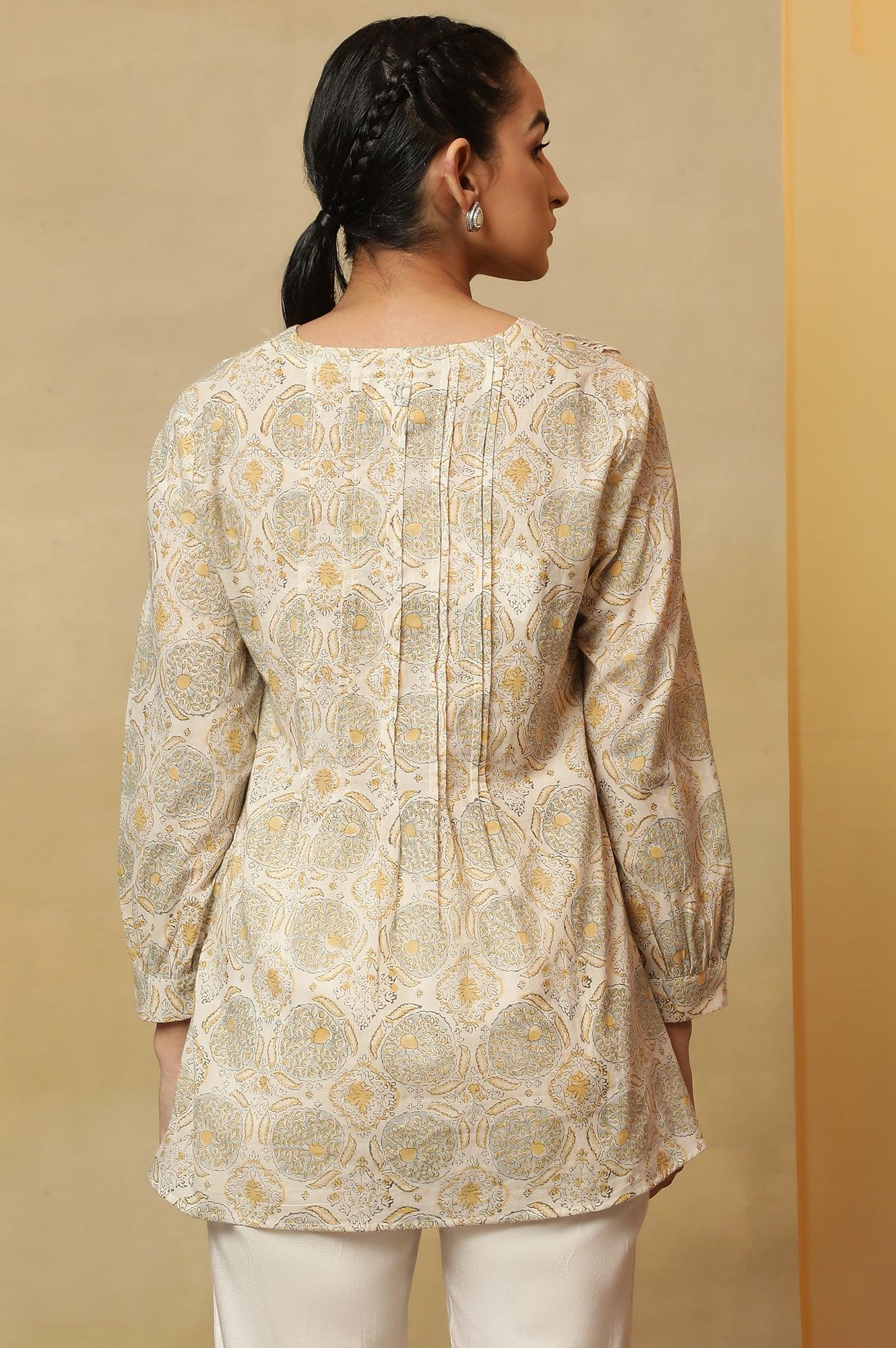 Ecru Block Print Pleated V-Neck Top - wforwoman