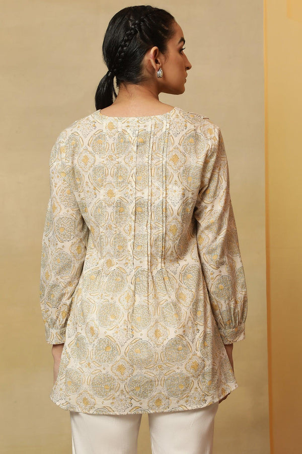 Ecru Block Print Pleated V-Neck Top