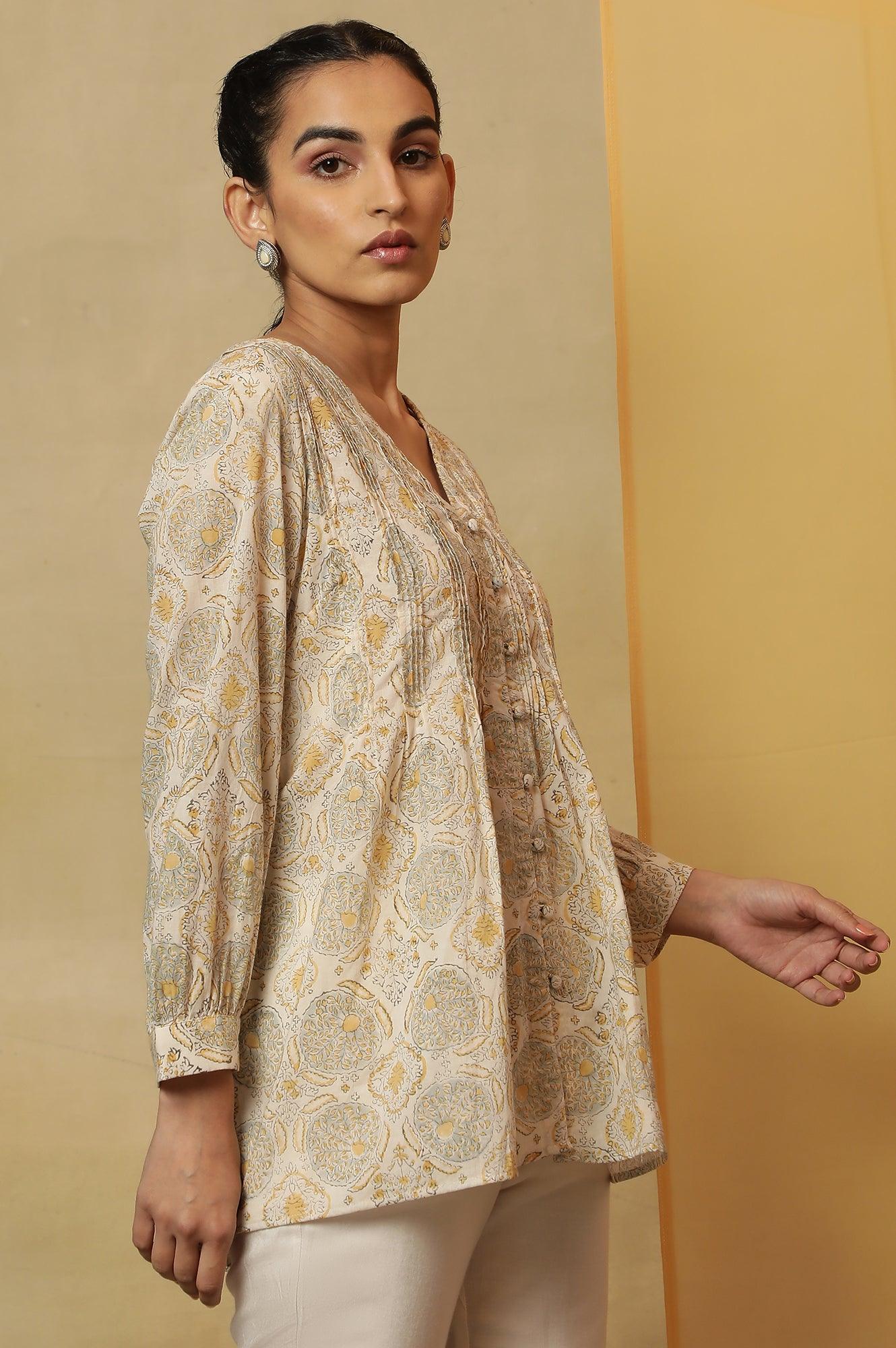 Ecru Block Print Pleated V-Neck Top - wforwoman