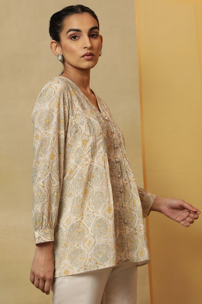 Ecru Block Print Pleated V-Neck Top - wforwoman