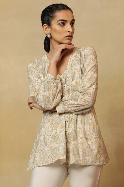 Ecru Block Print Pleated V-Neck Top - wforwoman