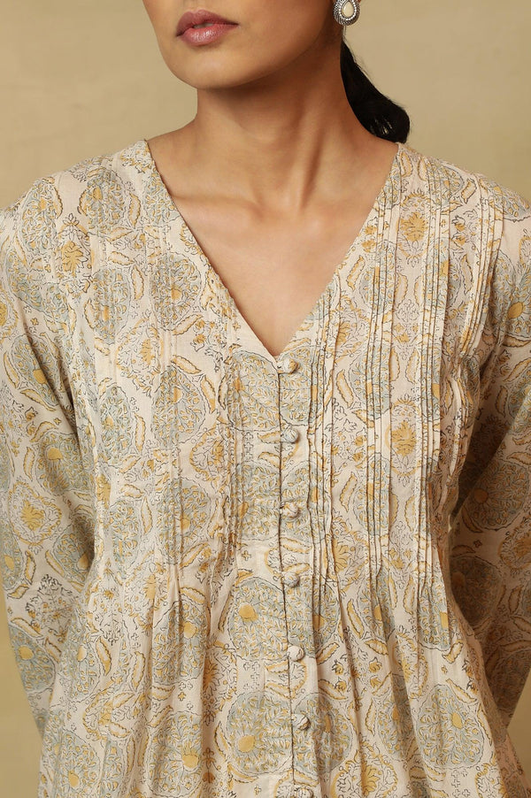Ecru Block Print Pleated V-Neck Top