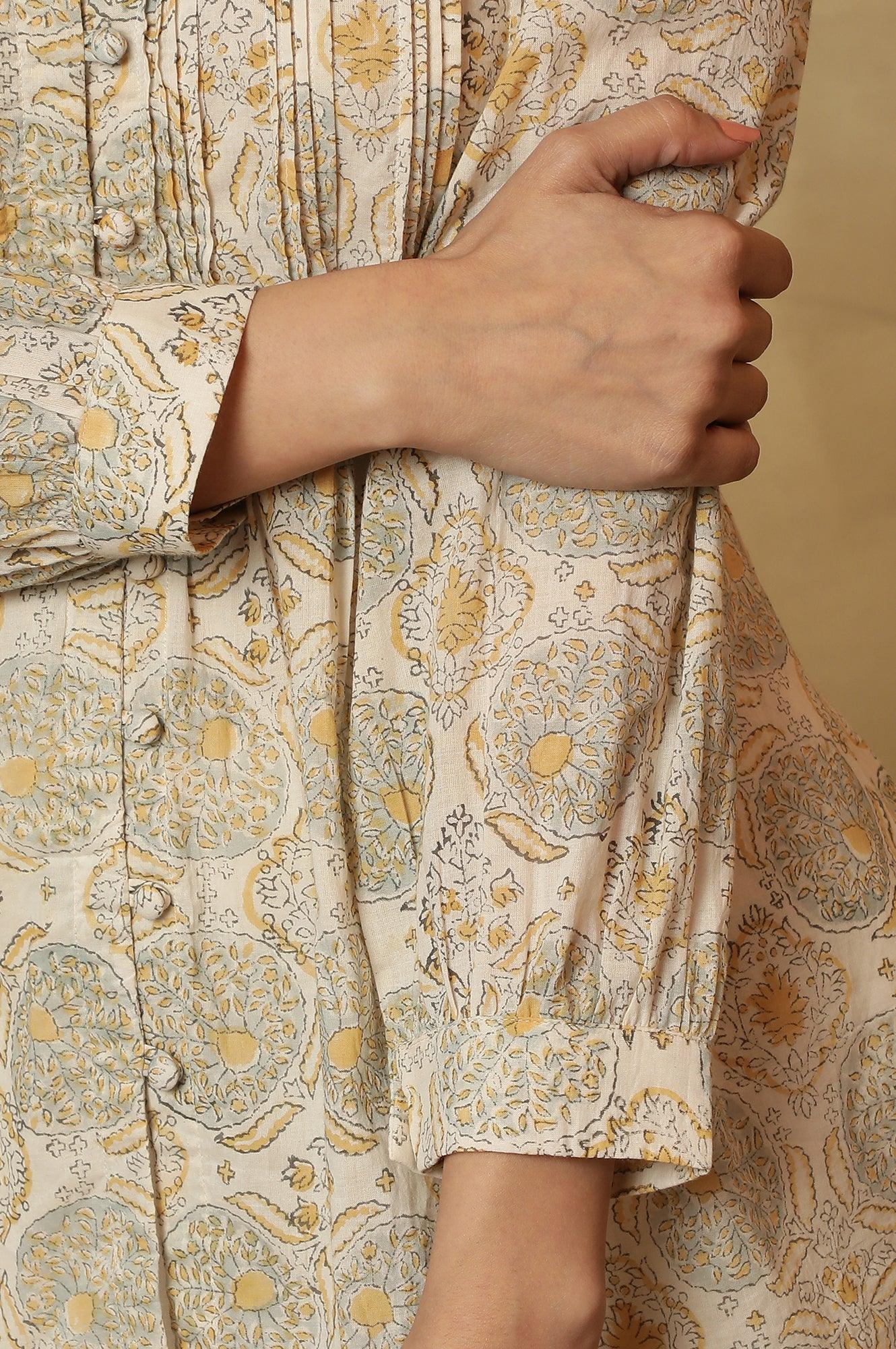 Ecru Block Print Pleated V-Neck Top - wforwoman