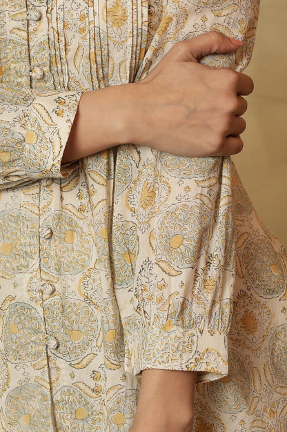 Ecru Block Print Pleated V-Neck Top - wforwoman