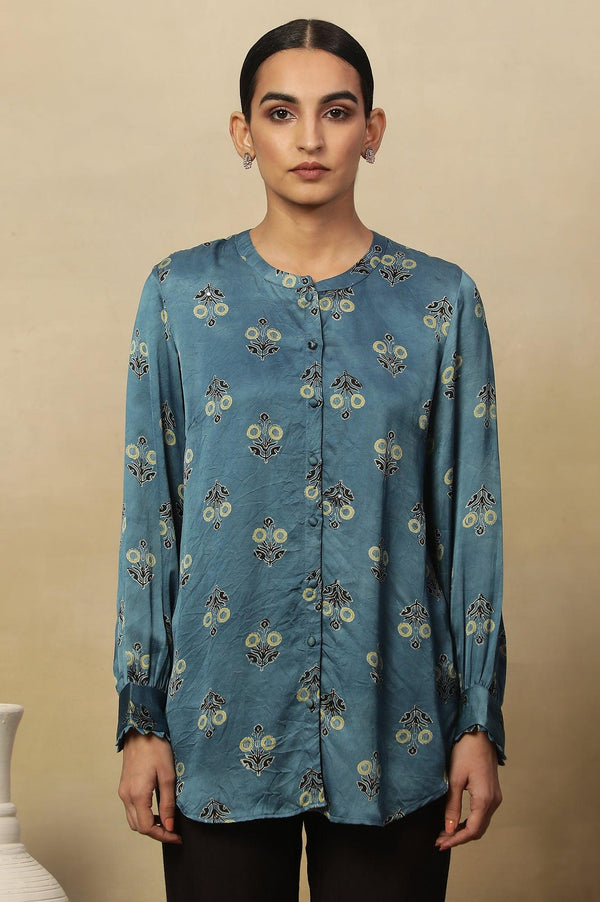 Light Blue Ajrakh Print Top In Lustrous Satin
