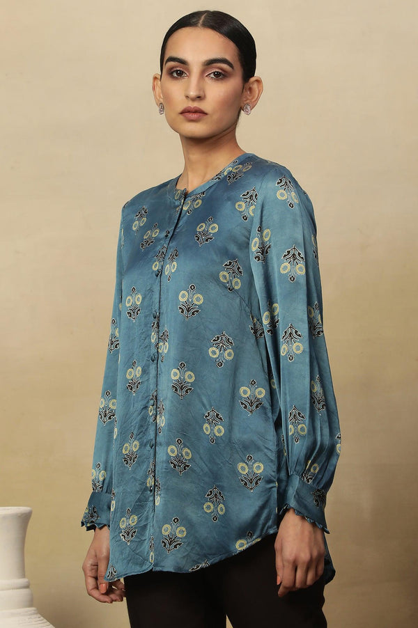 Light Blue Ajrakh Print Top In Lustrous Satin