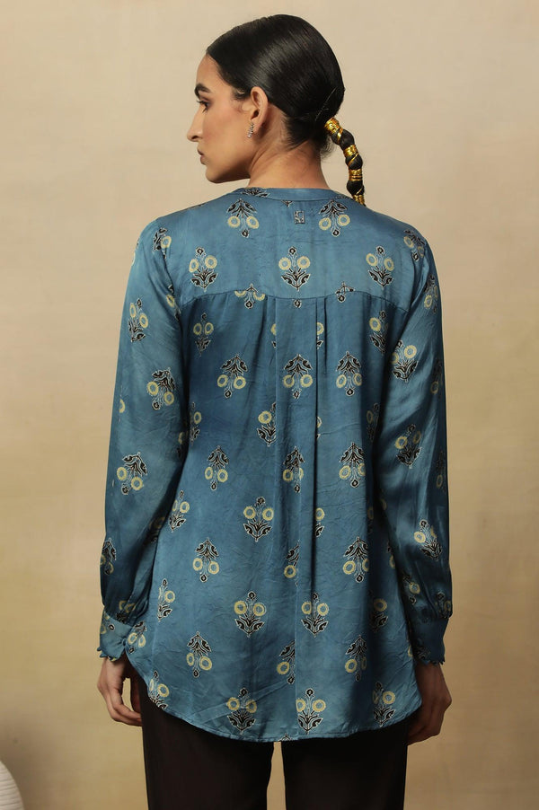 Light Blue Ajrakh Print Top In Lustrous Satin