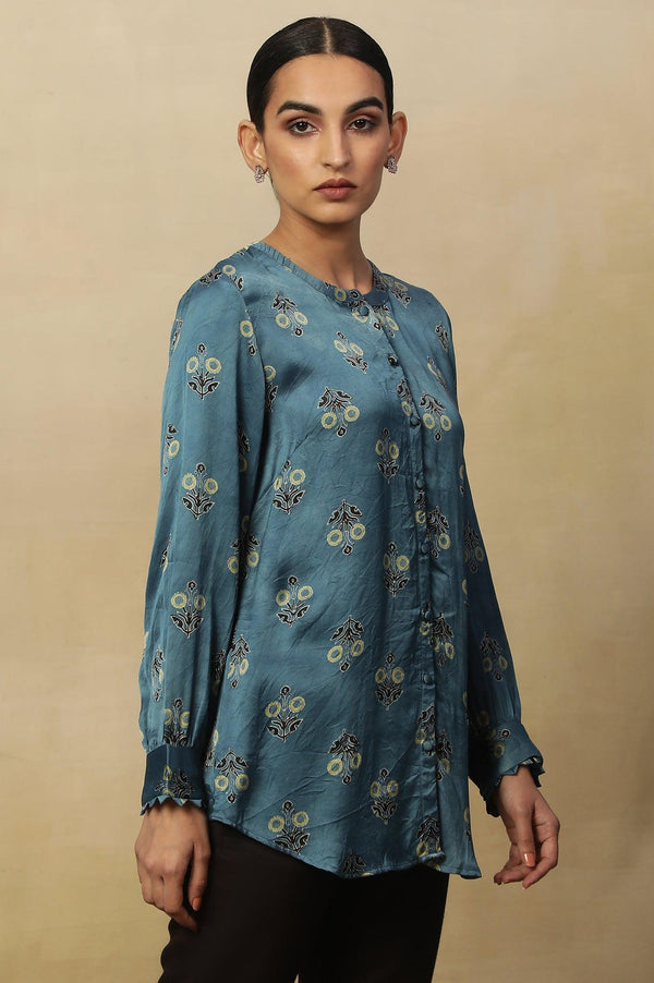 Light Blue Ajrakh Print Top In Lustrous Satin