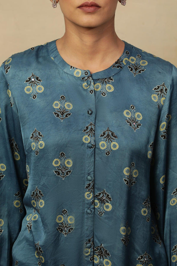 Light Blue Ajrakh Print Top In Lustrous Satin