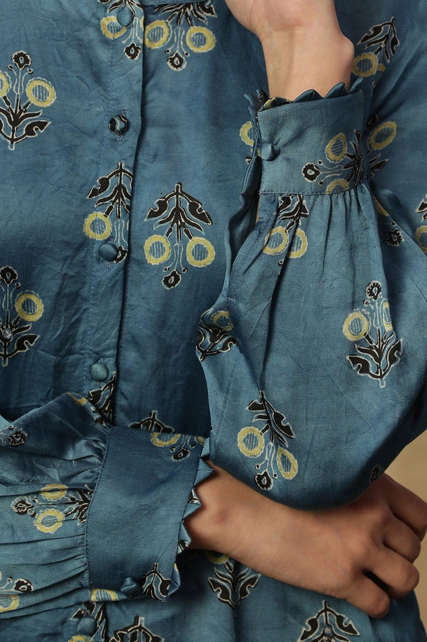 Light Blue Ajrakh Print Top In Lustrous Satin