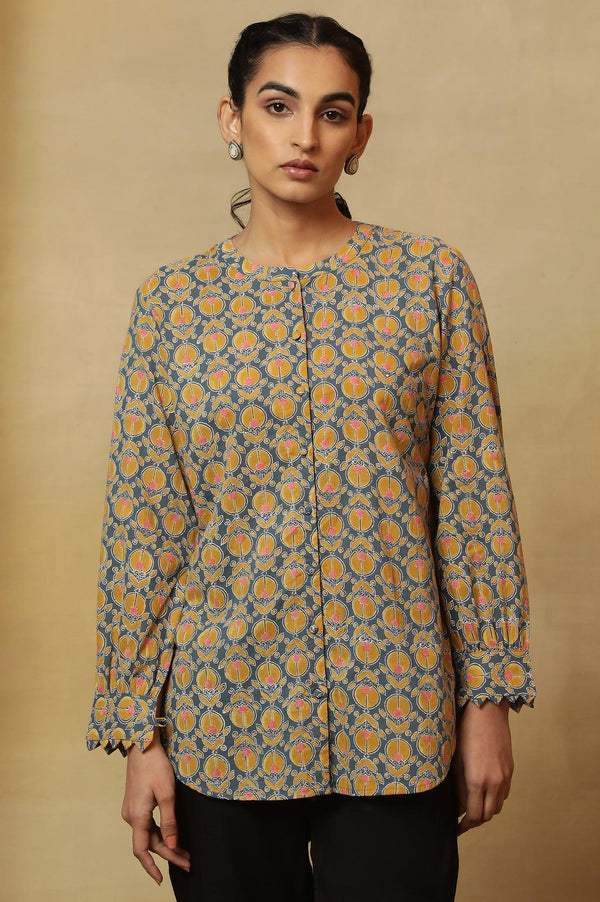 Grey Top with Multi-Coloured Block Print and Sleeves