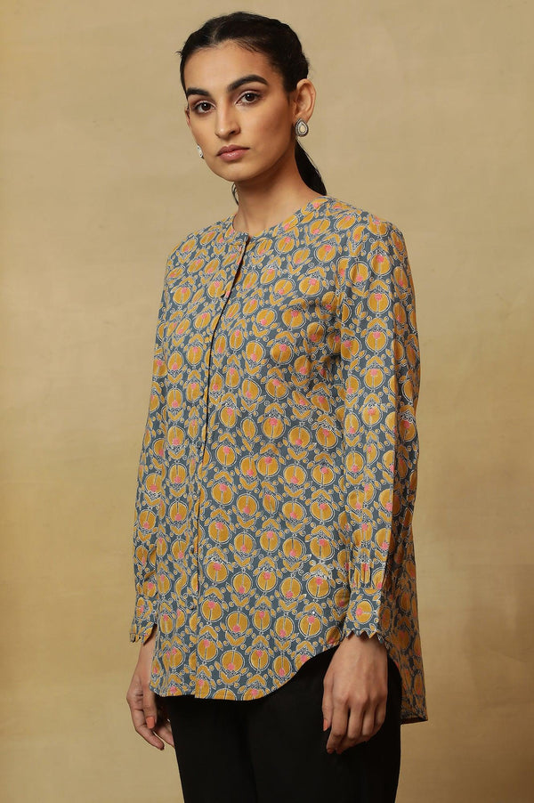 Grey Top with Multi-Coloured Block Print and Sleeves